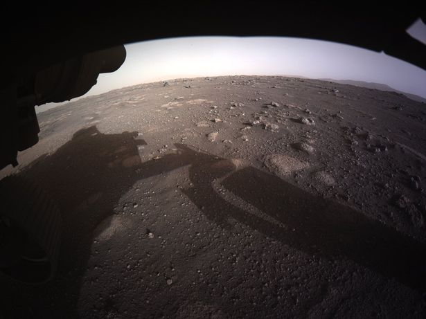 A photo of NASAs Perseverance rover as it landed on the surface of Mars