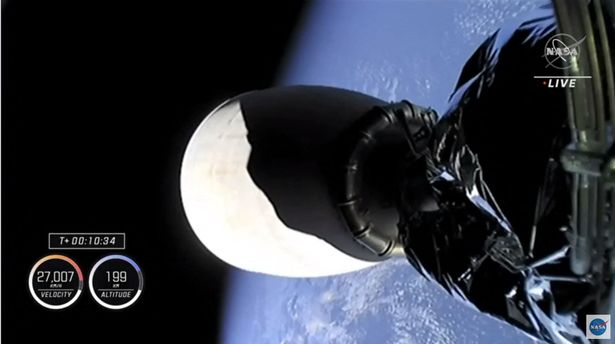 Part of the SpaceX Falcon 9 rocket as it enters orbit with the Crew-2 mission