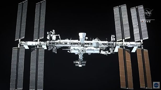 The ISS as viewed from the Crew Dragon as it approached