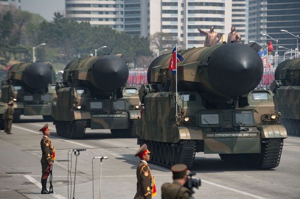 An unidentified rocket is displayed during a military parade in Pyongyang, North Korea, on April 15, 2017