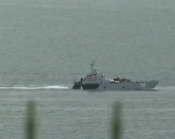 A detachment of ships of the Caspian flotilla passing under the Crimean bridge