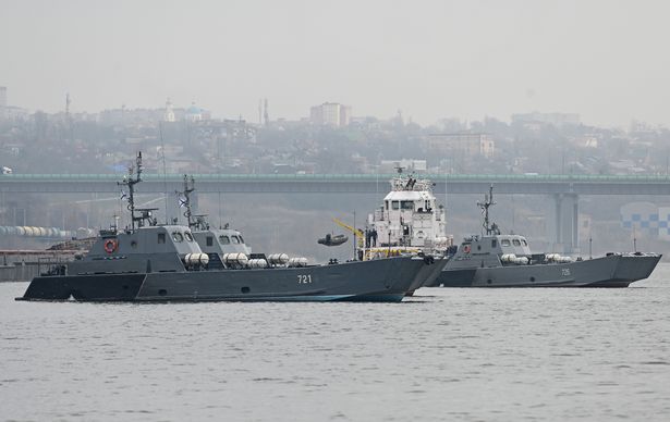 Landing crafts of the Russian Navy's Caspian Flotilla are pictured on the Don River during the inter-fleet move from the Caspian Sea to the Black Sea, on the outskirts of Rostov-on-Don, Russia