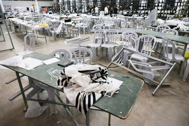 A view inside a synagogue where a grandstand collapsed during a religious celebration in Givat Zeev, in the occupied West Bank, May 16, 2021. REUTERS/Ronen Zvulun