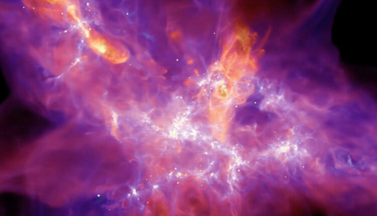 a purple/orange cloud with bright stars sprinkled throughout on a black background