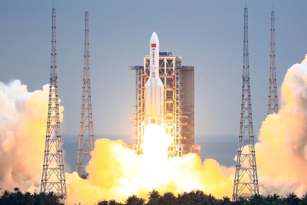 A Long March-5B Y2 rocket carrying the core module of China's space station, Tianhe, blasts off from the Wenchang Spacecraft Launch Site