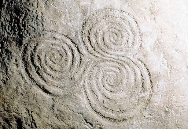 Detail of curvilinear rock engravings in Newgrange Stone Age Passage Tomb (Unesco World Heritage List, 1993), County Meath, Ireland. ca 3200 BC. (Photo by DeAgostini/Getty Images)