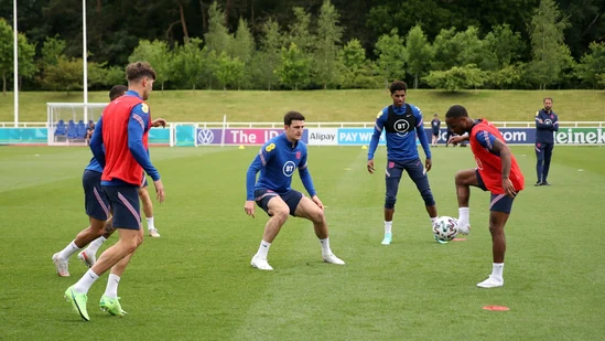 England's Raheem Sterling, Harry Maguire and Marcus Rashford during training.(REUTERS)