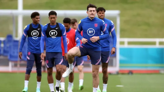 England's Harry Maguire, Marcus Rashford ,Jude Bellingham and Tyrone Mings during training.(REUTERS)