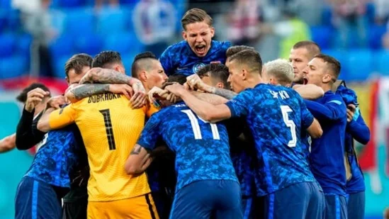 Slovakia players celebrate their victory.(AP)