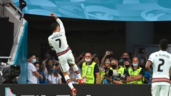 Portugal's Cristiano Ronaldo celebrates after scoring his side's second goal.(AP)