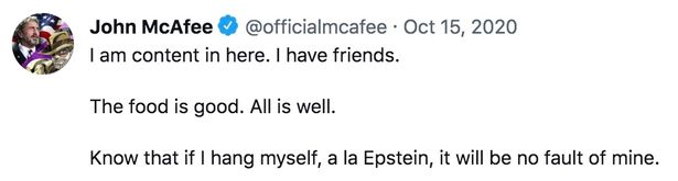 John McAfee's tweet referring to Jeffrey Epstein