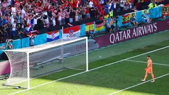 You have to see it to believe it. Unai Simon, Spain goalkeeper, allowed the ball to skip past him and roll into his own net. The back pass was from Pedri and unfortunately, the own goal was credited to Pedri. (AP)