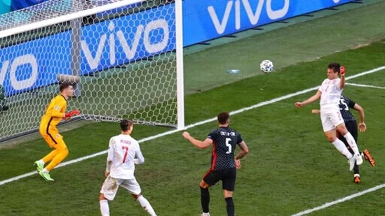 What a time to score your first international goal. Cesar Azpilicueta powered Spain into the lead after scoring off a perfectly-weight cross from Ferran Torres on the left flank.(AP)