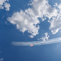 The Blue Impulse aerobatic team of the Air Self-Defense Force flies over the Self-Defense Forces Central Hospital to salute the medical workers at the front line of the fight against COVID-19 in Tokyo on May 29, 2020. | REUTERS