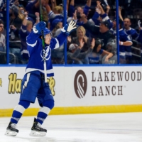 Tampa Bay Lightning center Yanni Gourde celebrates his goal during the second period against the New York Islanders in Game 7 of the Stanley Cup Semifinals at Amalie Arena.  | USA TODAY / VIA REUTERS