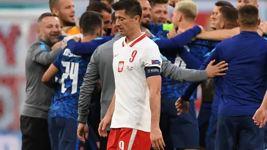 Poland's Robert Lewandowski looks dejected after the match.(Pool via REUTERS)