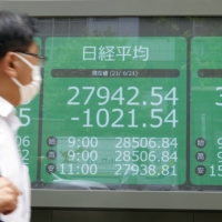 A stock index board shows the 225-issue Nikkei average plunging more than 1,000 points on Monday morning in Tokyo.  | KYODO