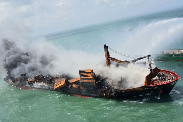 Smoke rises from a fire onboard the MV X-Press Pearl vessel in the seas off the Colombo Harbour, in Sri Lanka