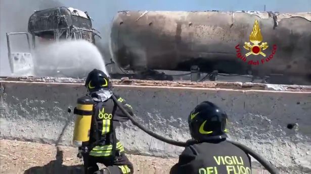 A tanker carrying gas burst into flames after the crash