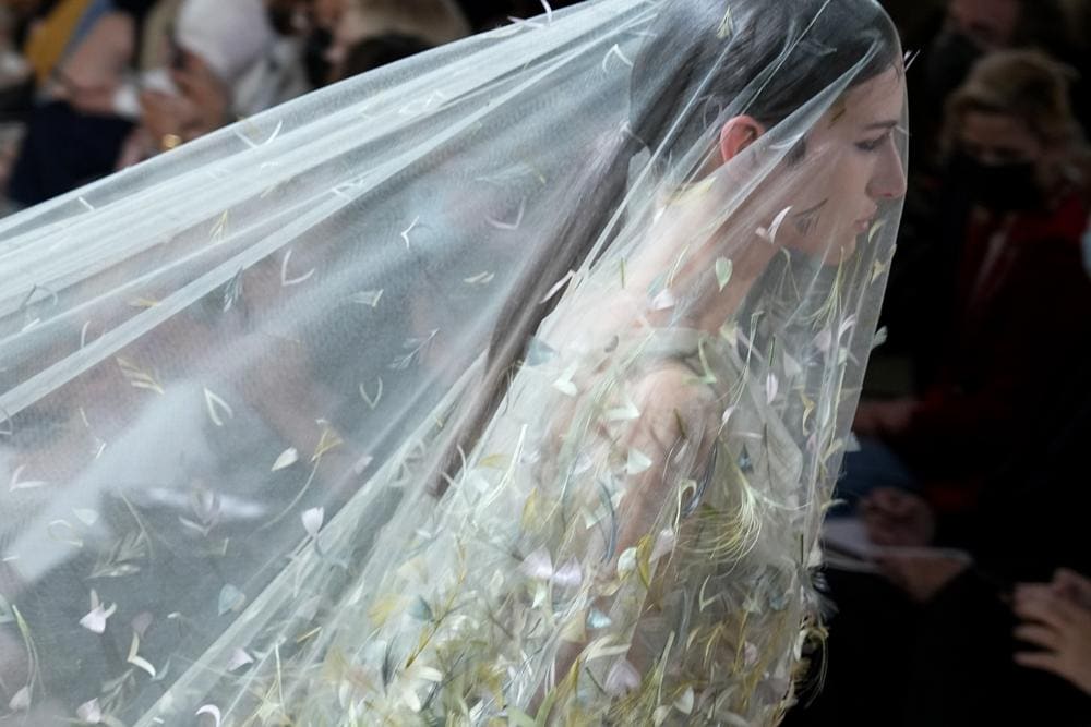 A model wears a creation for Dior's Haute Couture Fall-Winter 2021-2022 fashion collection(AP)