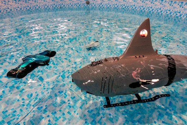 The Robosea Robo-Shark (R) and Seaflyer underwater drones are displayed at the 2020 Consumer Electronics Show (CES), January 9, 2020 in Las Vegas, Nevada