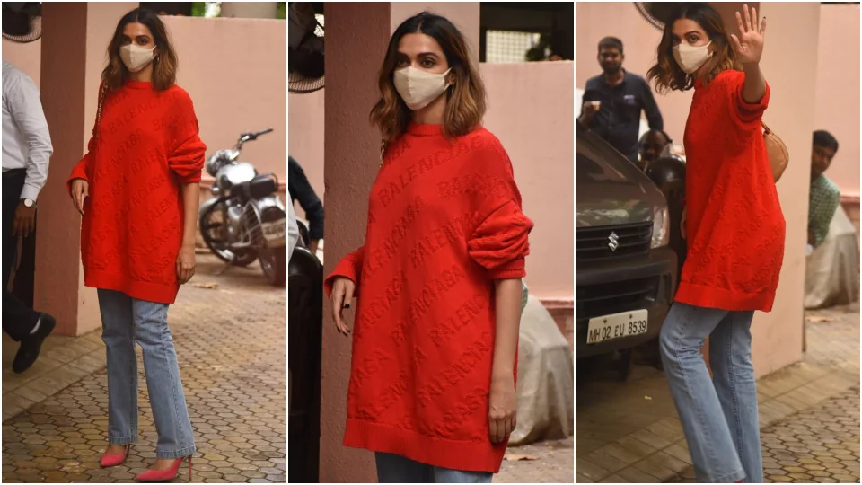 Deepika Padukone in a red Balenciaga sweater and wide-leg denims.(Varinder Chawla)