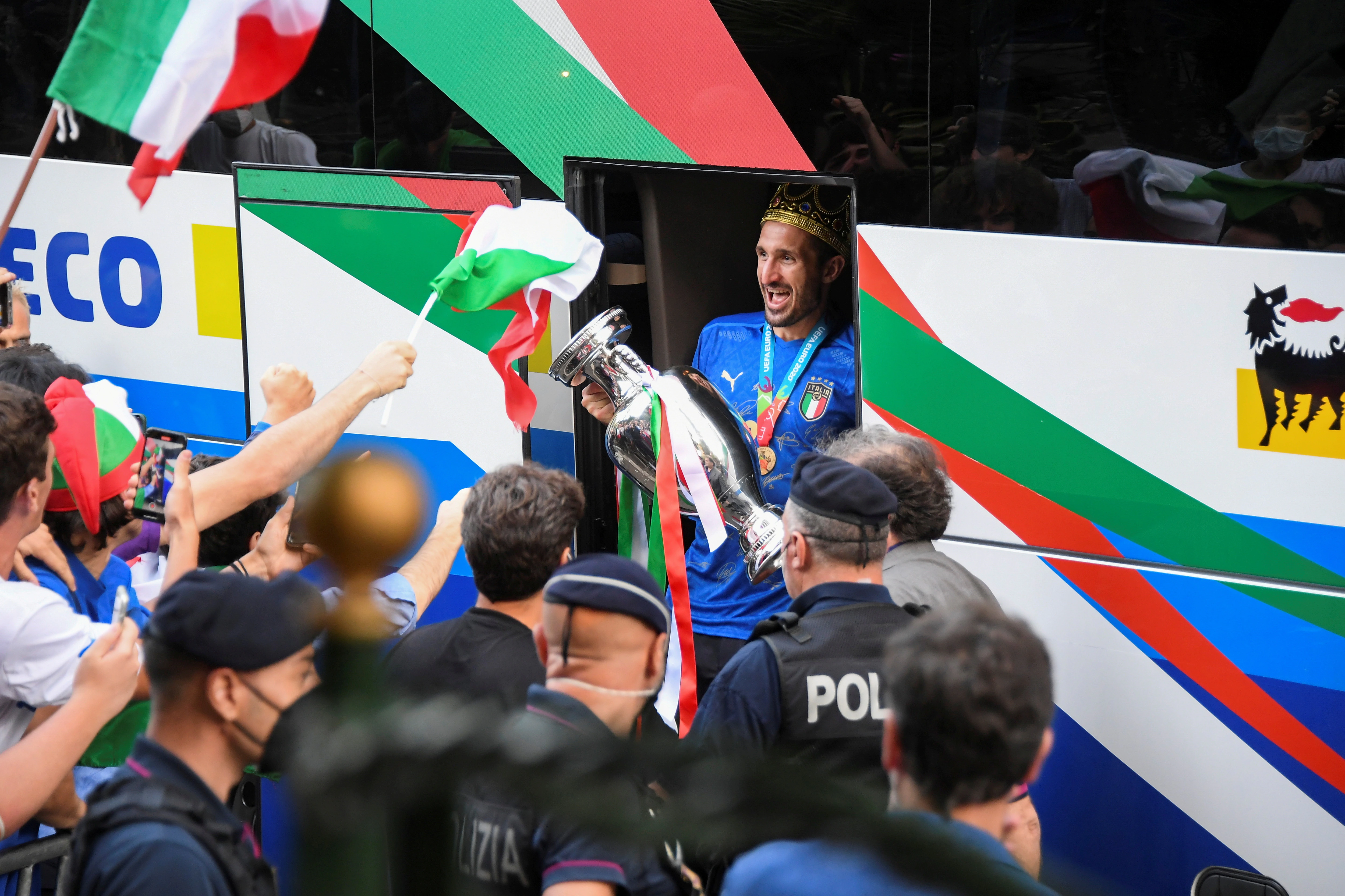 Euro 2020- Italy's Giorgio Chiellini exits the bus as the team arrives at the Parco dei Principi hotel after winning the European Championship.(REUTERS)