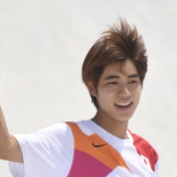 Japan's Yuto Horigome reacts during the men's street skateboarding event at Ariake Urban Sports Park in Tokyo on Sunday.  | REUTERS