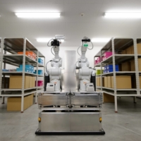 A double-arm prototype robot sits during a media preview hosted by Hitachi Transport System Ltd. at a warehouse in Noda, Chiba Prefecture. The robotics market is expected to grow from around ¥1 trillion in 2010 to some ¥10 trillion in 2035, according to an estimate by the industry ministry. | BLOOMBERG