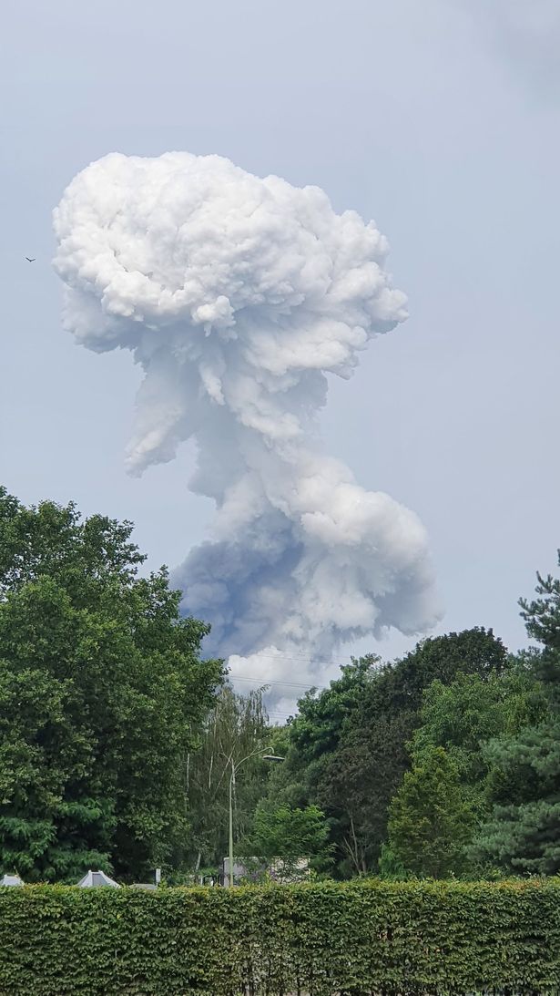 A huge cloud of smoke appears over the German city after the explosion