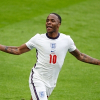 England's Raheem Sterling celebrates after scoring against Germany during Euro 2020 in London on June 29. | AFP-JIJI