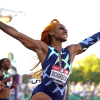 Sha'Carri Richardson celebrates after winning the women's 100m in 10.86 during the U.S. Olympic Team Trials at Hayward Field in Eugene, Oregon, on June 19. | USA TODAY / VIA REUTERS