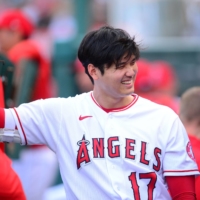 Angels designated hitter Shohei Ohtani reacts before playing against the San Francisco Giants at Angel Stadium in Anaheim, California, on June 22.  | USA TODAY / VIA REUTERS