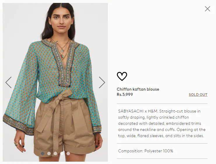 Alia Bhatt's chiffon kaftan blouse from Sabyasachi x H&M(www2.hm.com)