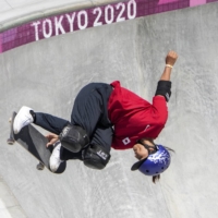 Sakura Yosozumi winds gold in the women's park skateboarding during the Tokyo Olympics on Aug. 4. Alpen Co. is stocking up its skateboards after stunning performances by Japanese athletes. | CHANG W. LEE / THE NEW YORK TIMES