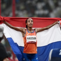 Netherlands' Sifan Hassan reacts after winning the women's 5,000m final during the Tokyo 2020 Olympic Games at the Olympic Stadium in Tokyo on Monday. | AFP-JIJI