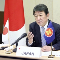 Foreign Minister Toshimitsu Motegi attends an online meeting with his counterparts in the Association of Southeast Asian Nations on Tuesday. | KYODO