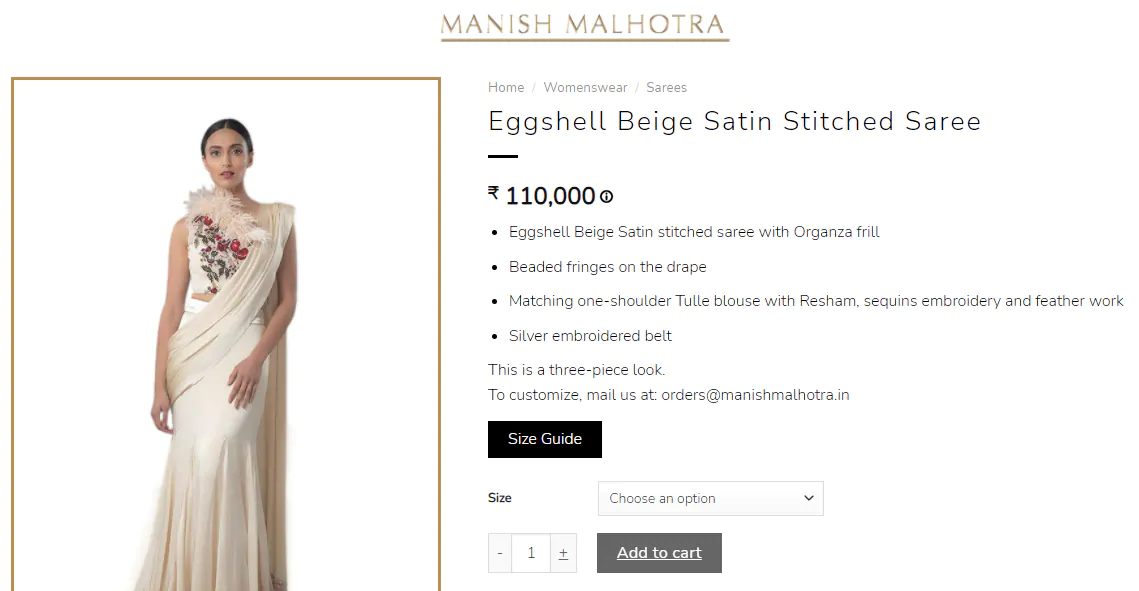 The saree is priced at ₹110,000 in the designer house's official website.(https://manishmalhotra.in/)