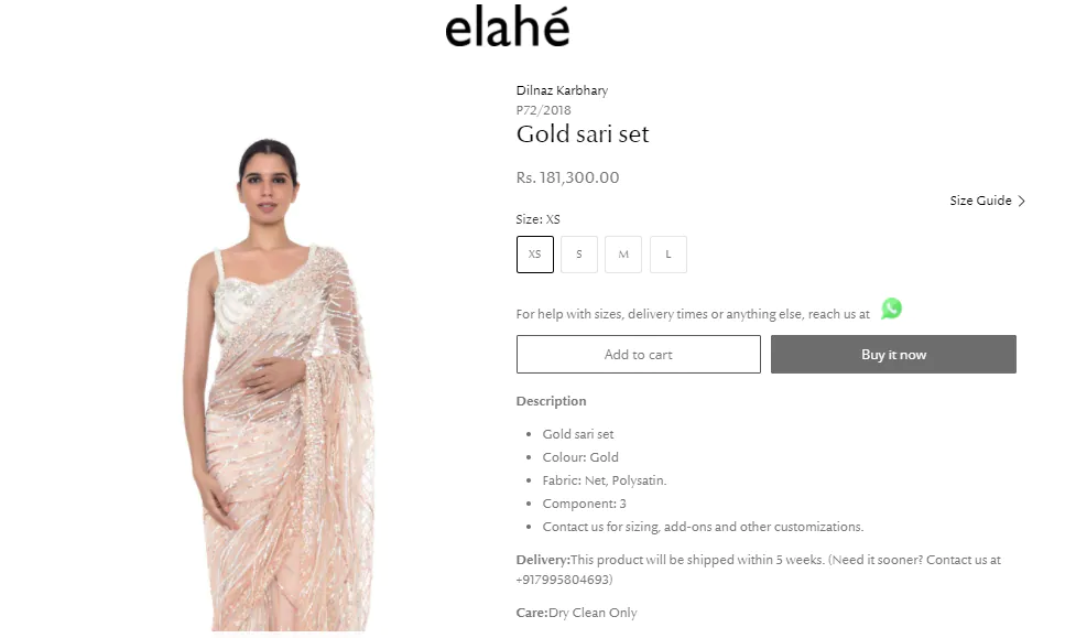 The gold saree, worn by Mouni in the picture, is priced at a whooping ₹181,300 in the website.(https://www.elahe.in/)