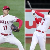 Shohei Ohtani spent the entire 2021 season as a two-way player, both pitching and batting regularly for the Angels.  | AP / VIA KYODO; KYODO