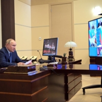 Russian President Vladimir Putin chairs a meeting with members of the Security Council via video link at the Novo-Ogaryovo state residence outside Moscow on Saturday.  | REUTERS