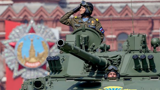 Russian military vehicles during the rehearsal of a Victory Day parade marking the 77th anniversary of the victory over the Nazis in Red Square, Moscow