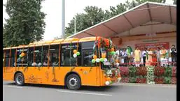 Electric buses for Lucknow and Kanpur during the flagging off ceremony by Uttar Pradesh chief minister Yogi Adityanath, in Lucknow on Thursday. (Deepak Gupta/HT Photo)