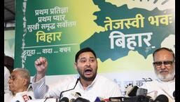 Bihar deputy chief minister Tejashwi Prasad Yadav addresses a press conference in Patna on Thursday. (Santosh Kumar/HT Photo)