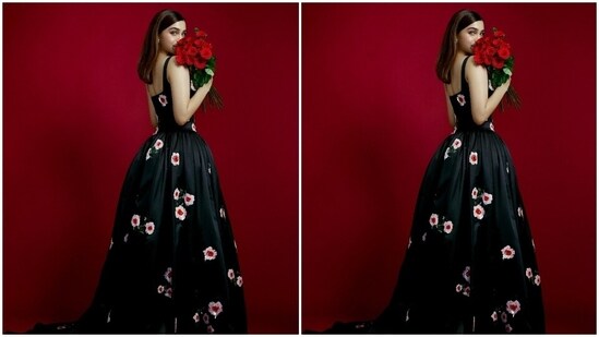 On Wednesday, Sharvari Wagh posted pictures of her look for walking the red carpet at the Filmfare Awards 2022. She captioned the photoshoot, "Roses are red, Filmfare ahead." The post shows Sharvari smiling brightly for the camera and posing while holding a bouquet of red roses.(Instagram)