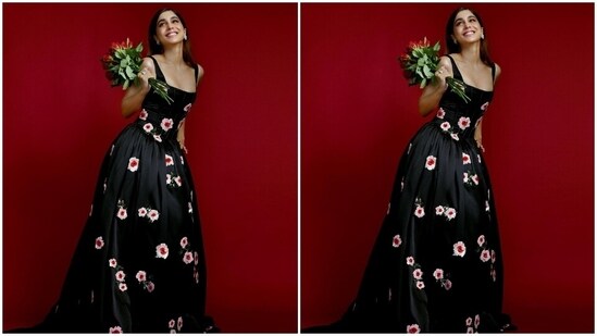 Regarding the design details, Sharvari's jet black gown features floral patterns embroidered all over the ensemble in red, white and green reflective sequins. The sleeveless dress also has broad straps, a plunging square neckline, corseted bodice with structured boning to accentuate her svelte frame, and a cinched waistline.(Instagram)