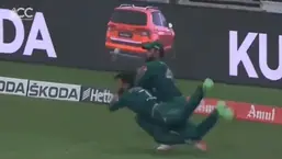 The tweet captures the hit and miss of players - Asif Ali and Shadab Khan - as they bump into each other to drop a sitter.