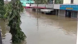 A road in Bengaluru's Sarjapur area filled up with water from heavy rain.