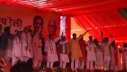 BJP president Jai Prakash Nadda, Haryana chief minister Manohar Lal Khattar and state unit chief OP Dhankar along with party leaders at the rally in Kaithal on Friday. (HT Photo)