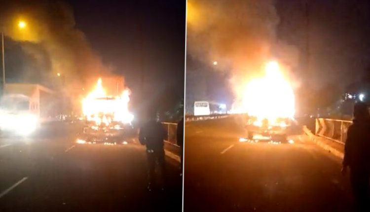 Maharashtra Fire: Container Engulfs in Blaze on Nashik-Mumbai Highway (Watch Video)